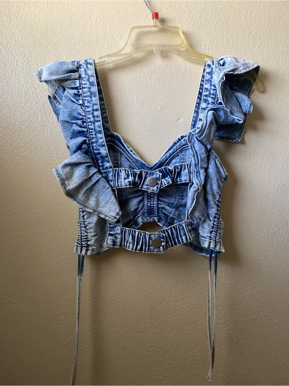 Denim Ruffle Tie-Front Crop Top - Blue - Picture 3 of 6